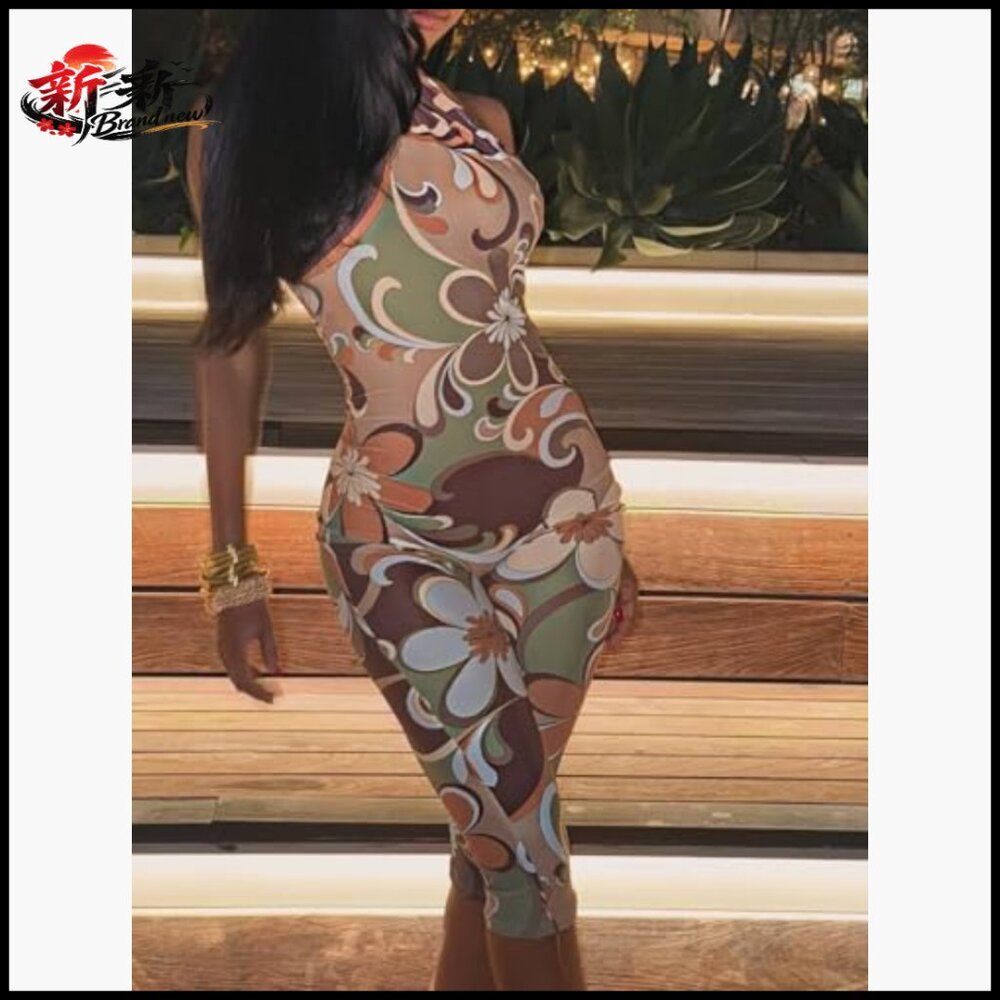 Polyester Halter Backless Jumpsuit Capri Boho Flo… - image 2